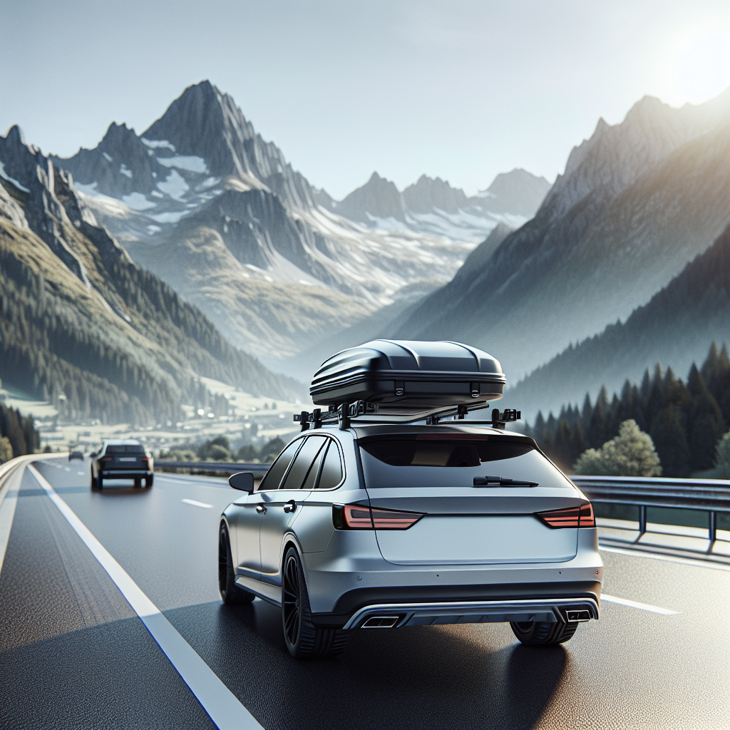 En moderne bil med aerodynamisk takboks på motorvei mot fjellandskap i klart lys, fokus på boksen og montering, realistisk foto-stil
