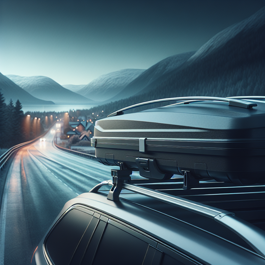 Nærbilde av en moderne takboks montert på en bil under transport, realistisk stil, nordisk vei i bakgrunnen, dempet lys og klar komposisjon