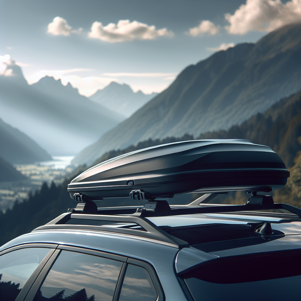 Aerodynamisk takboks montert på moderne personbil, fjelllandskap i bakgrunnen, klar himmel, profesjonell produktfotografi