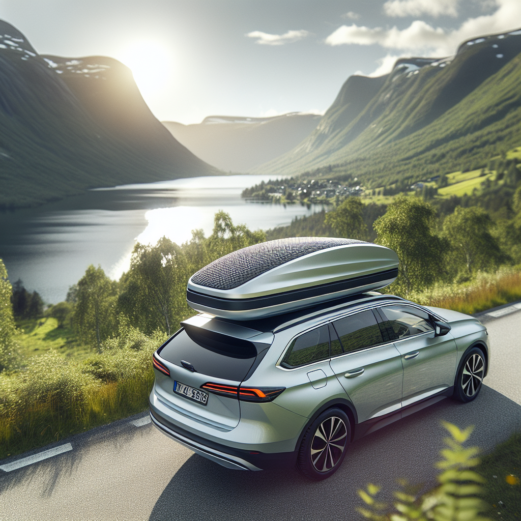 En stilren, miljøvennlig takboks montert på en moderne bil i naturskjønt norsk landskap, med fokus på aerodynamisk design og grønt miljø, høy oppløsning
